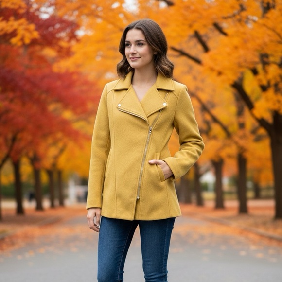 Asymmetrical Zip Moto Jacket, Mustard Yellow S - Fall Layer, Autumn, Retro - Picture 1 of 8